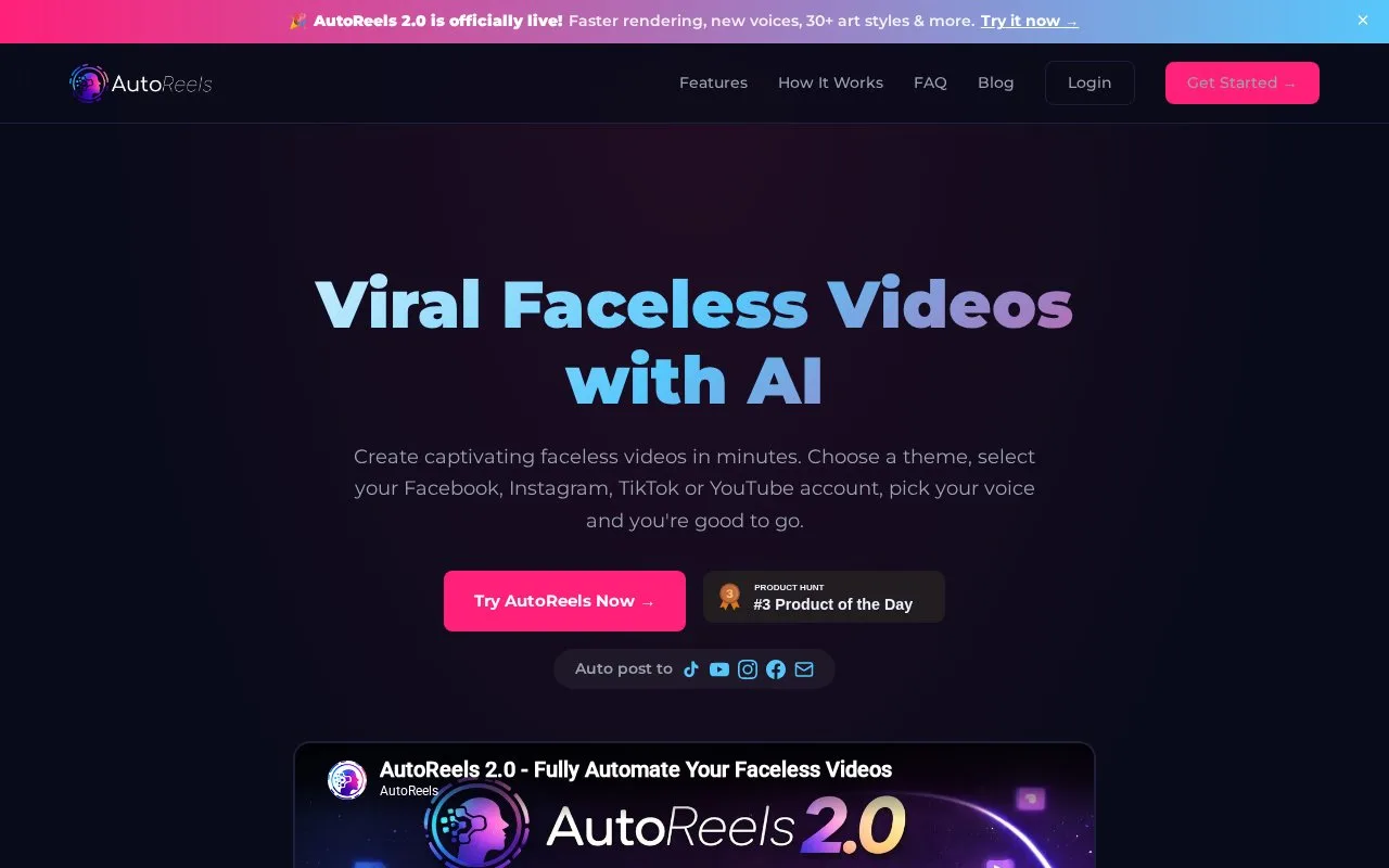 Screenshot of the AutoReels homepage