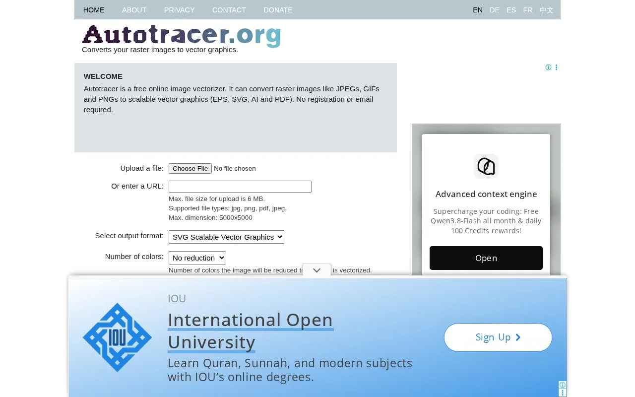 Screenshot of the Autotracer homepage