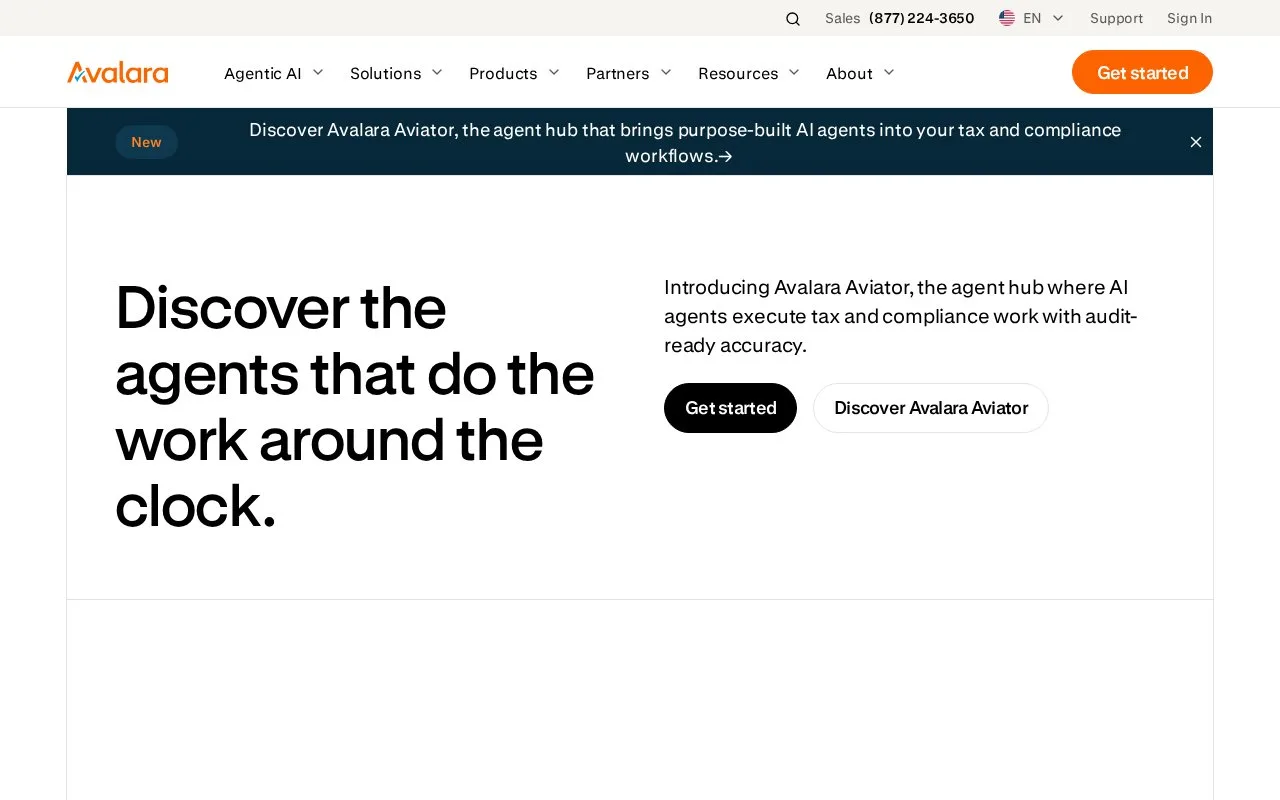 Screenshot of the Avalara homepage