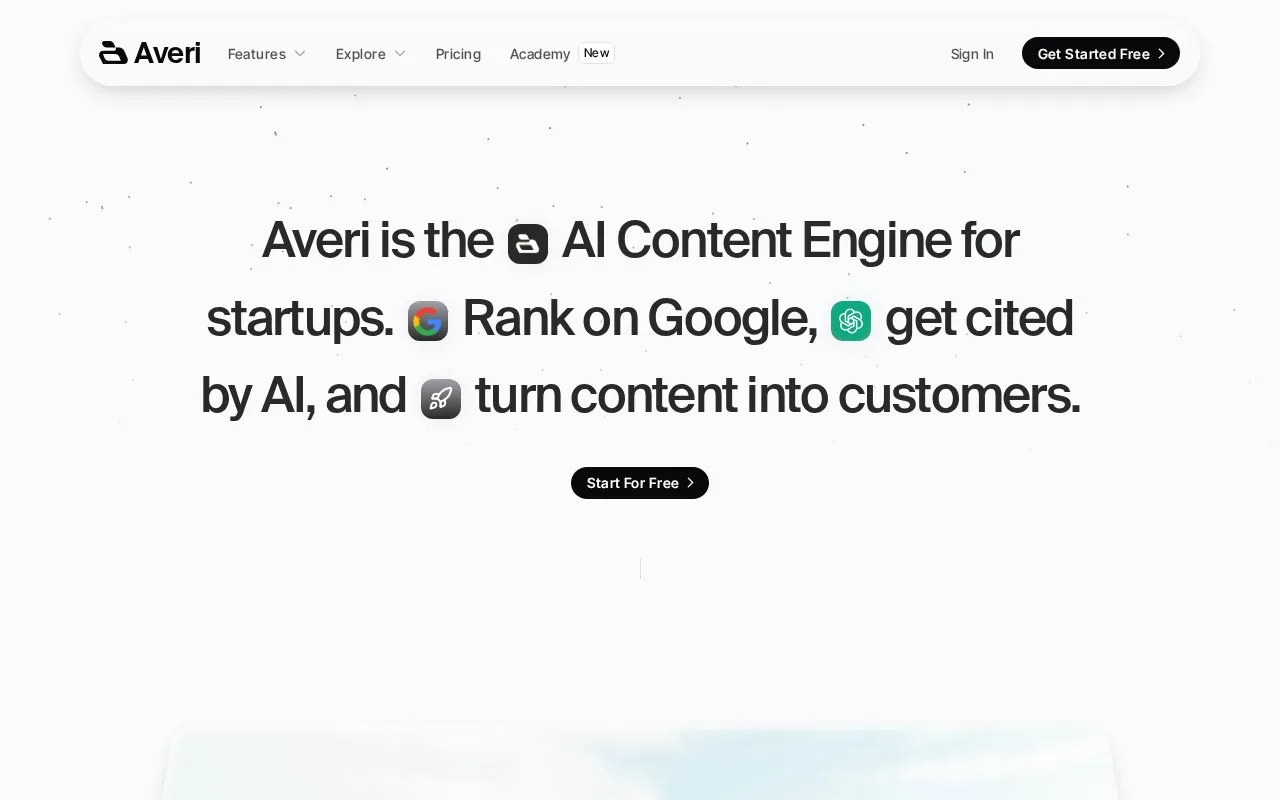 Screenshot of the Averi homepage