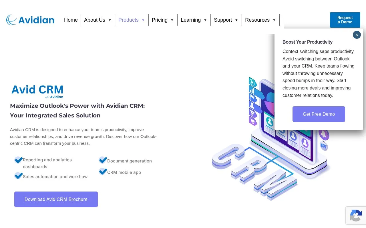 Screenshot of the Avid CRM homepage
