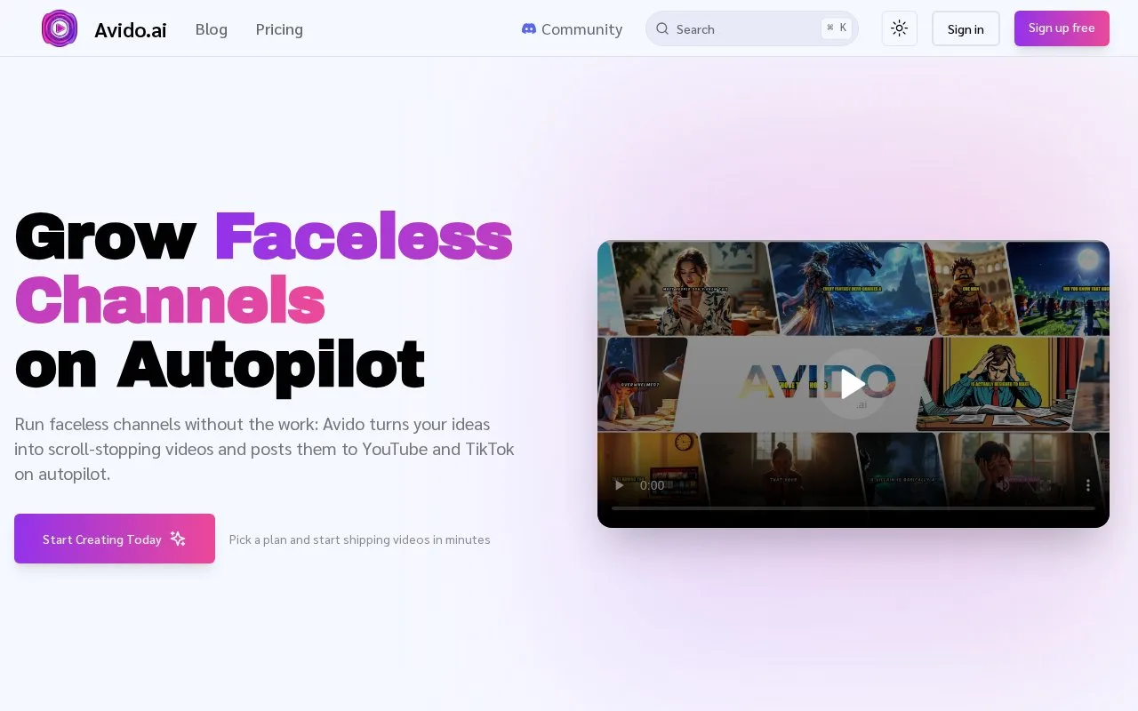 Screenshot of the Avido homepage