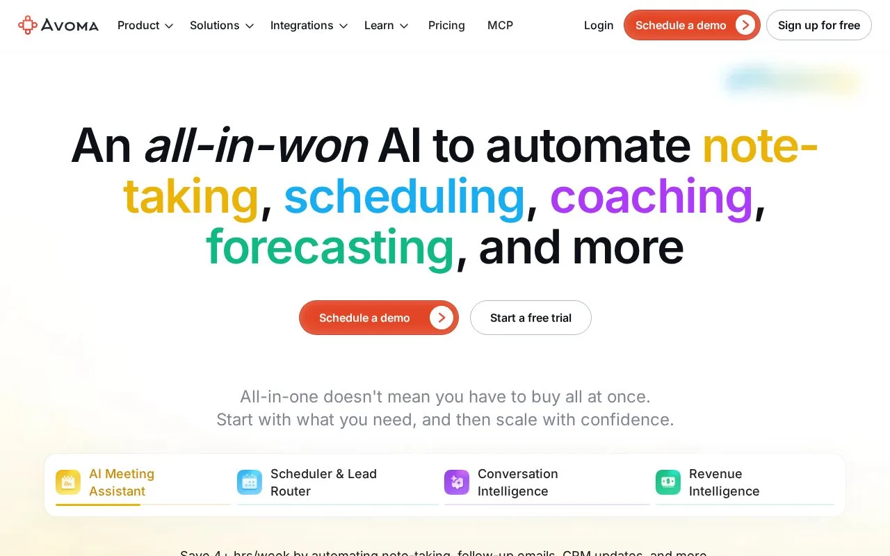 Screenshot of the Avoma homepage