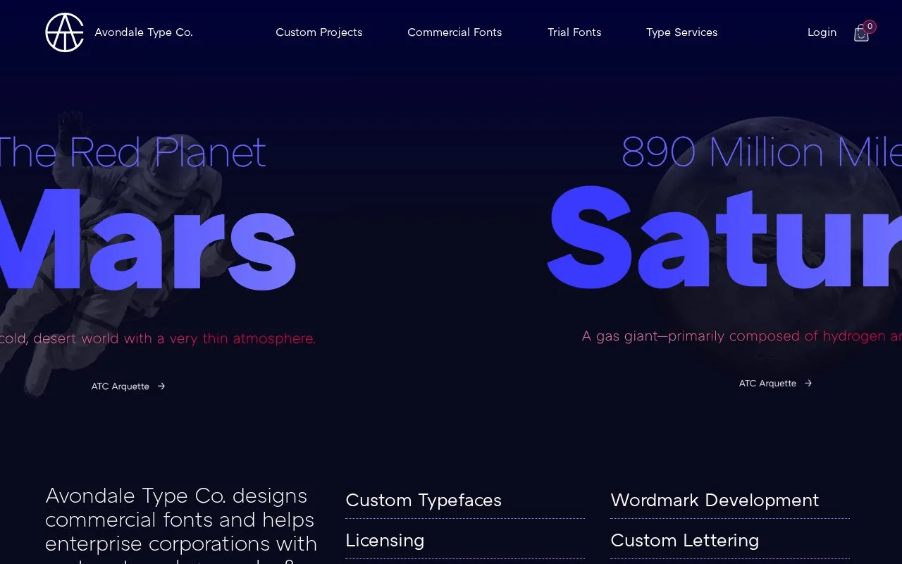 Screenshot of the Avondale Type Co. homepage