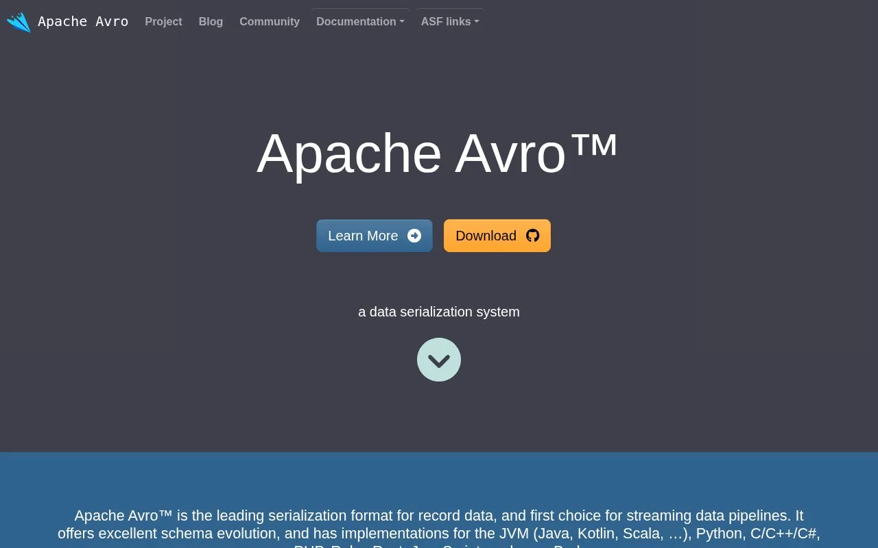 Screenshot of the Apache Avro homepage