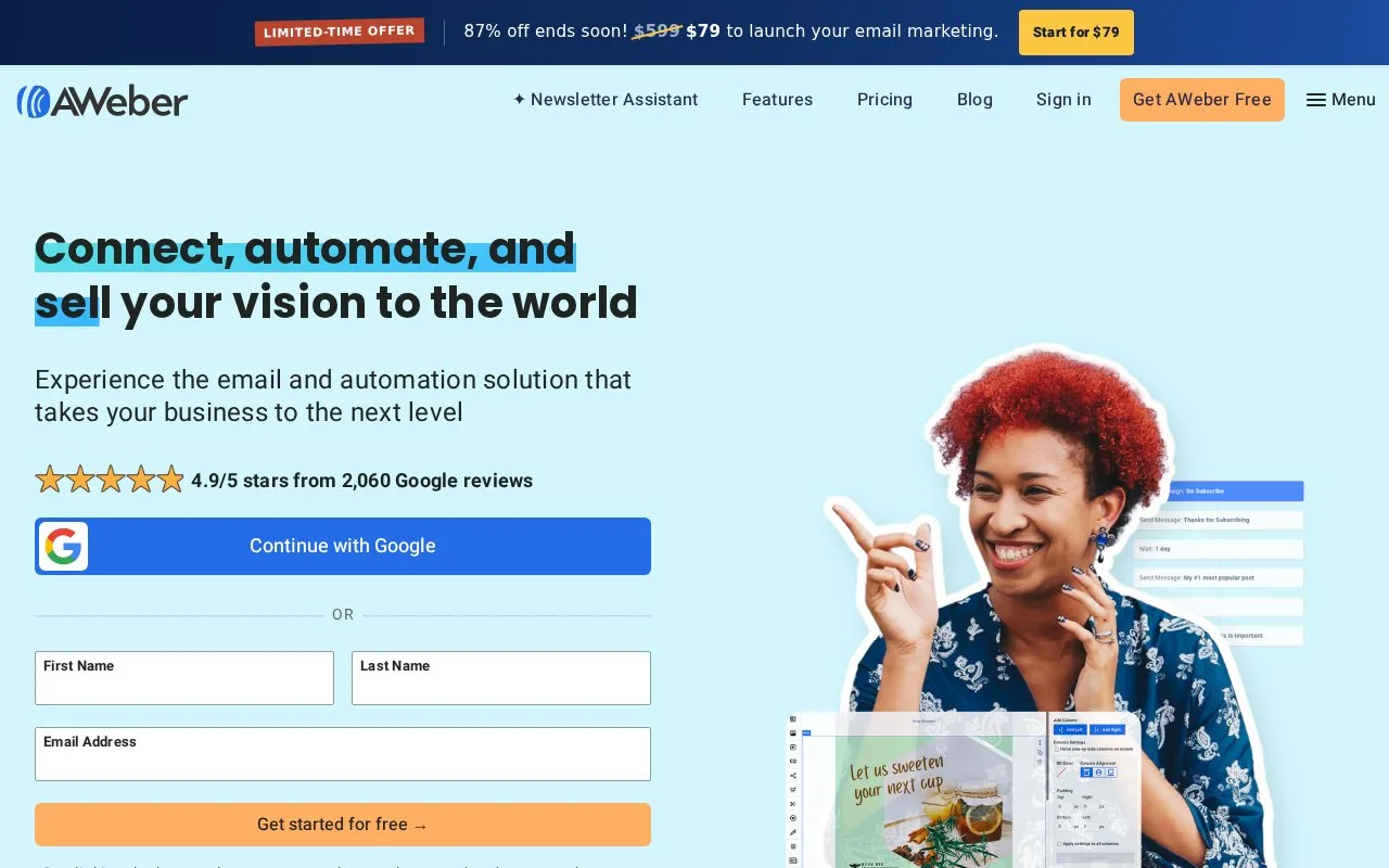 Screenshot of the AWeber homepage