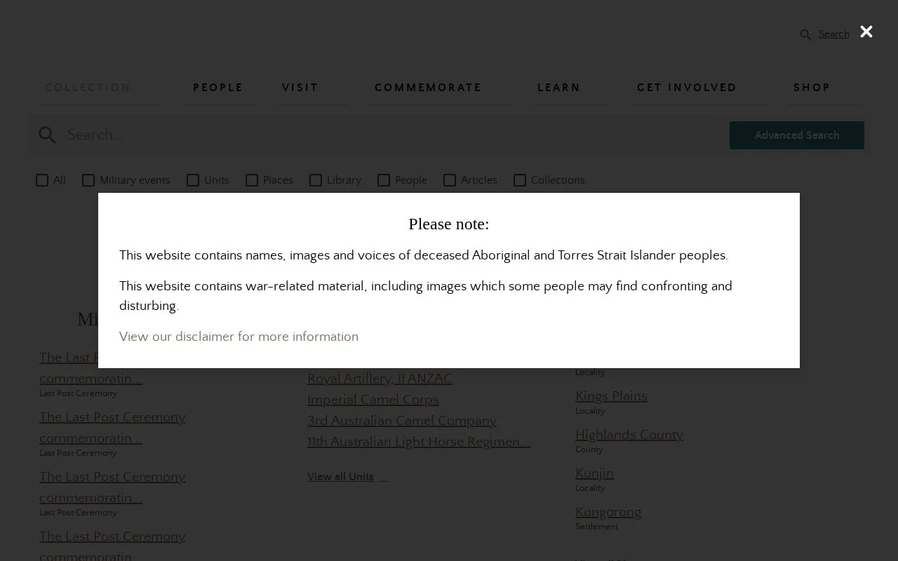 Screenshot of the Australian War Memorial Collection homepage