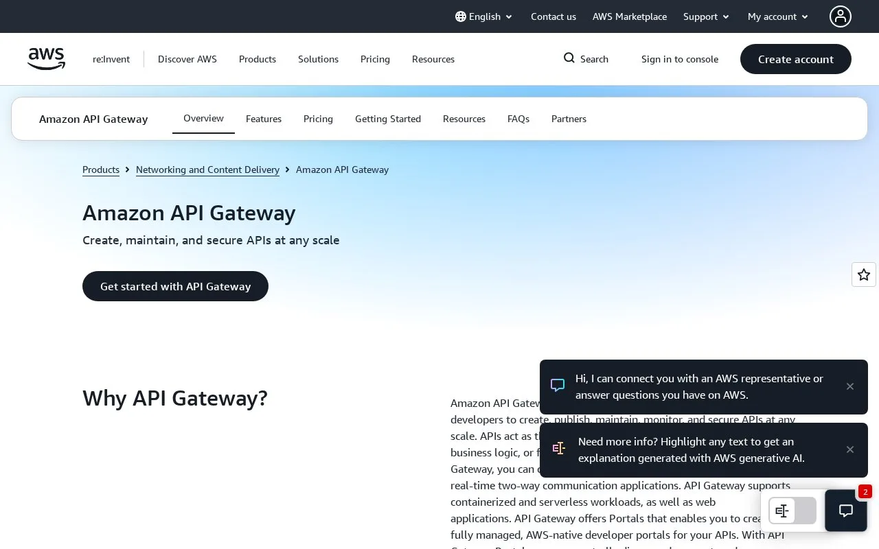 Screenshot of the Amazon API Gateway homepage