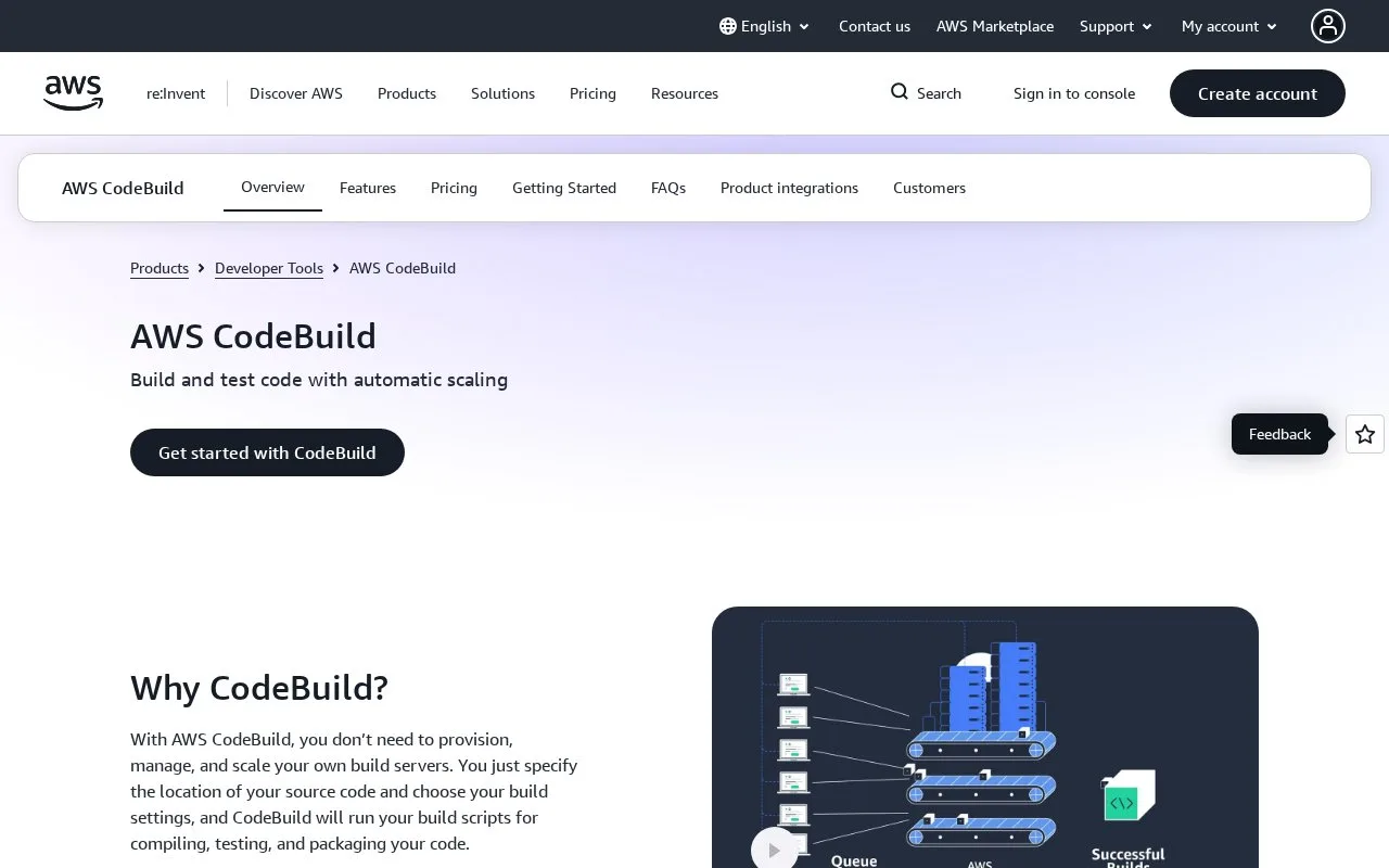 Screenshot of the AWS CodeBuild homepage