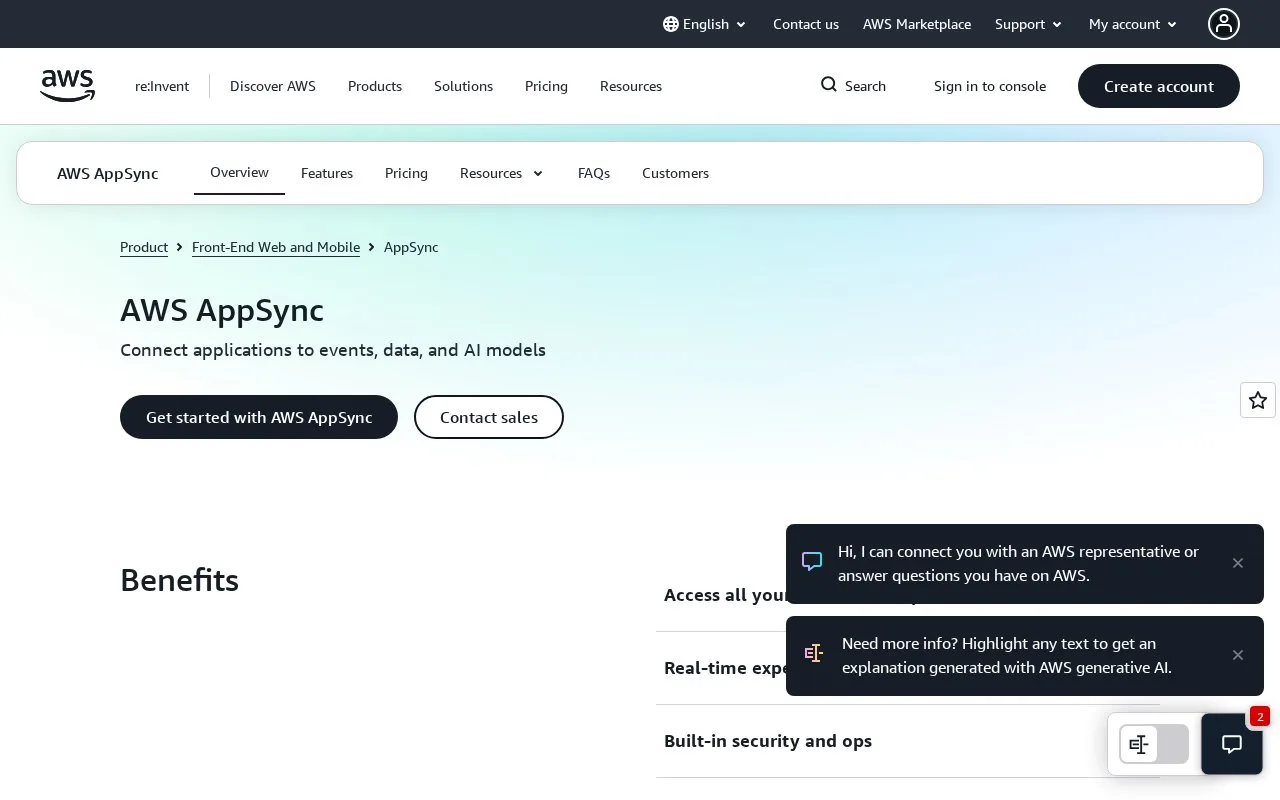 Screenshot of the AWS AppSync homepage