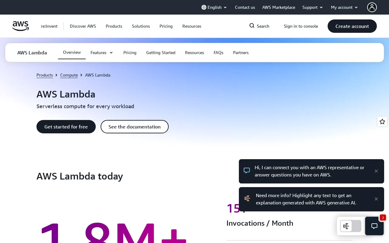 Screenshot of the AWS Lambda homepage