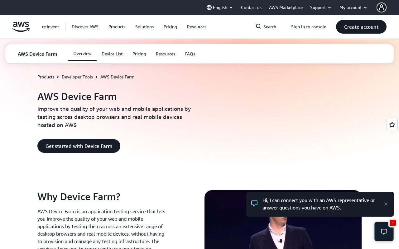 Screenshot of the AWS Device Farm homepage