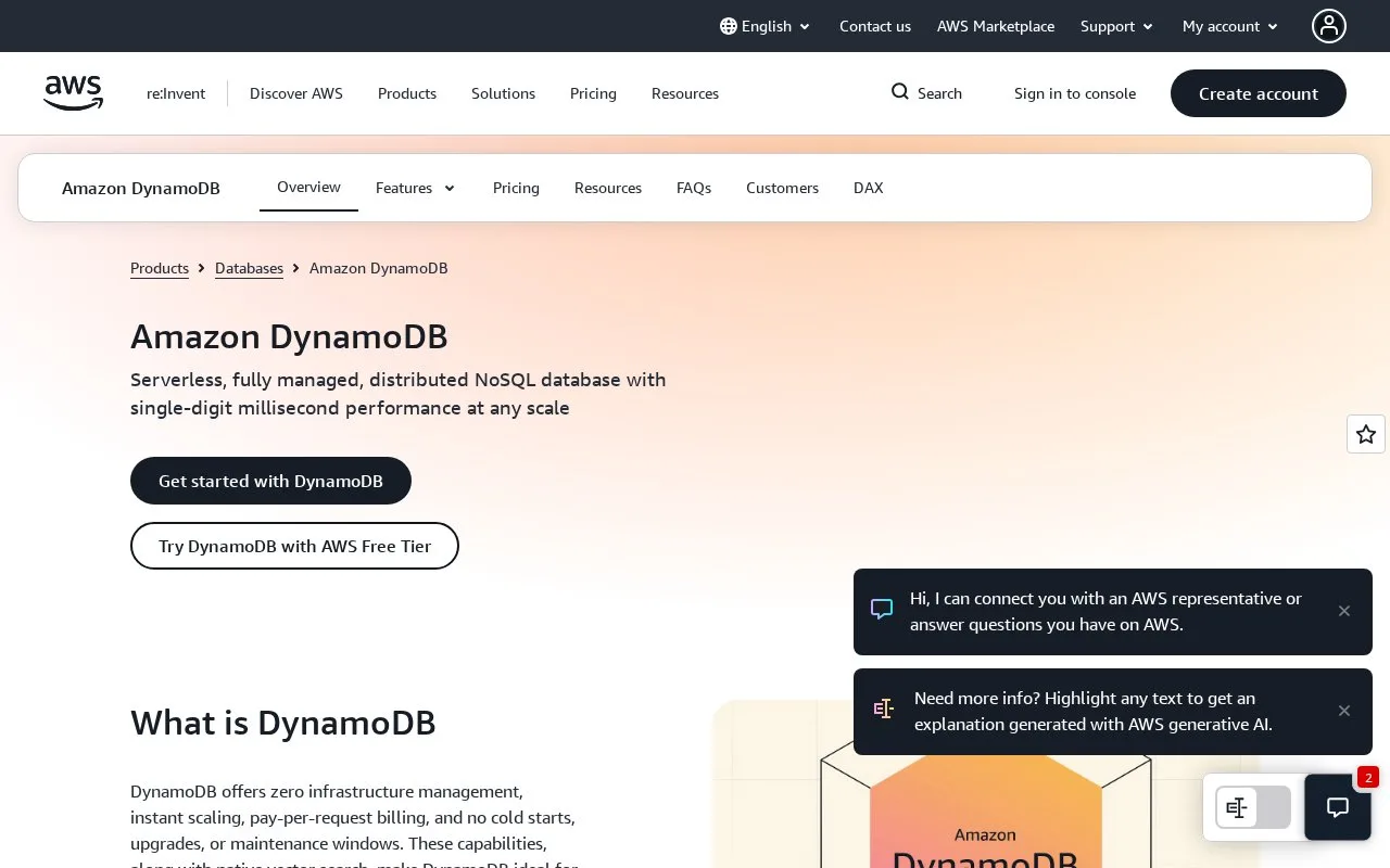 Screenshot of the Amazon DynamoDB homepage
