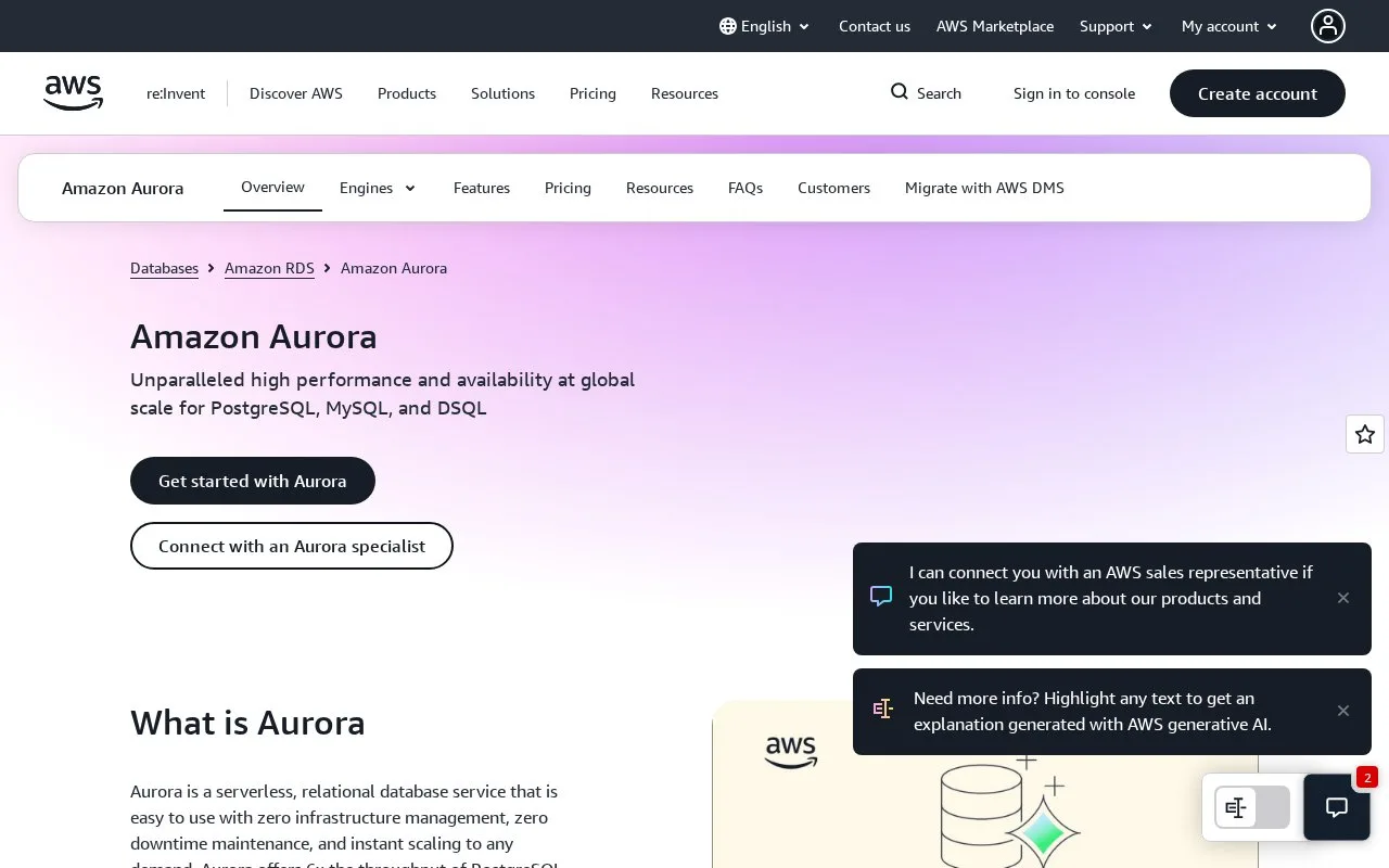 Screenshot of the Amazon Aurora MySQL and PostgreSQL homepage
