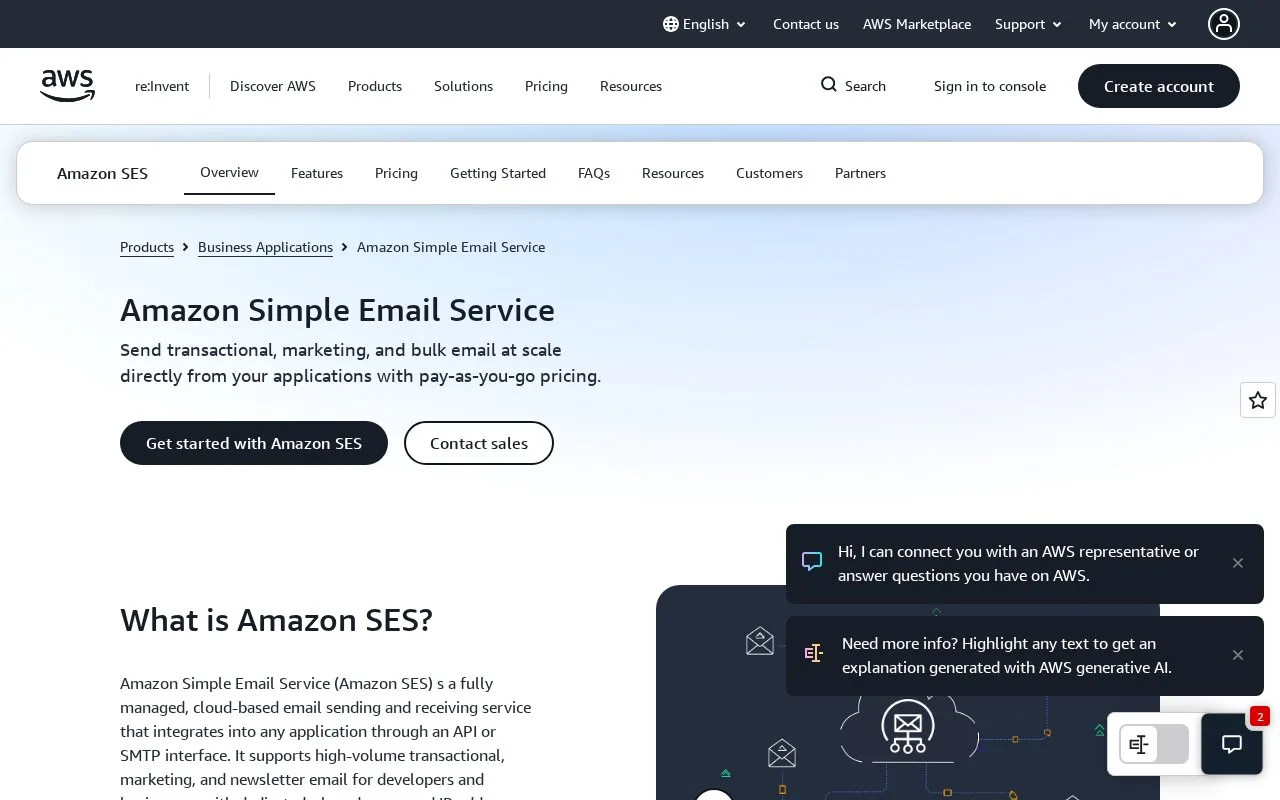 Screenshot of the Amazon Simple Email Service homepage
