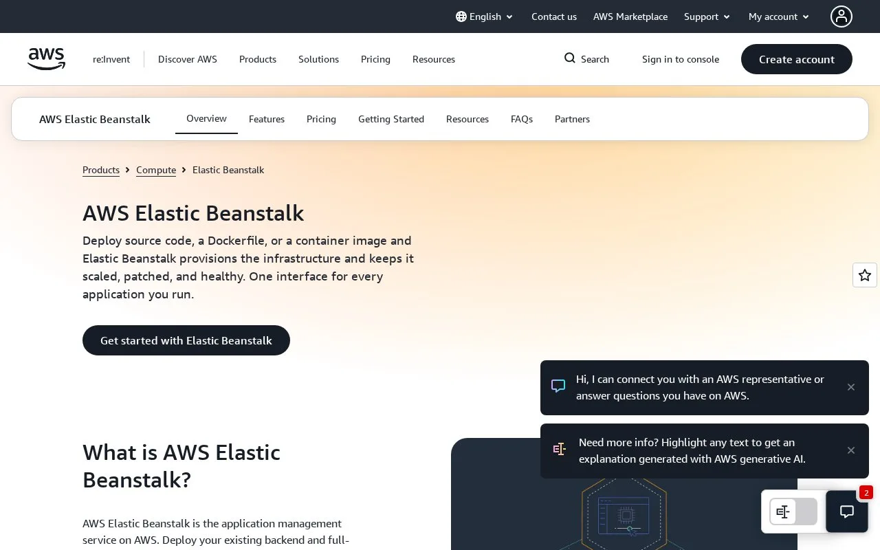 Screenshot of the AWS Elastic Beanstalk homepage