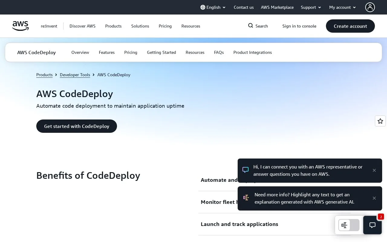 Screenshot of the AWS CodeDeploy homepage