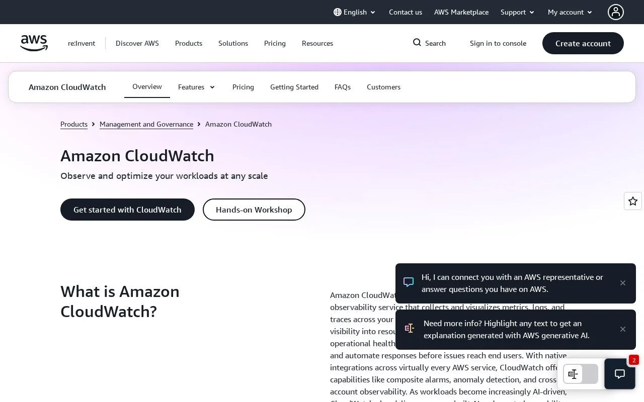 Screenshot of the Amazon CloudWatch homepage