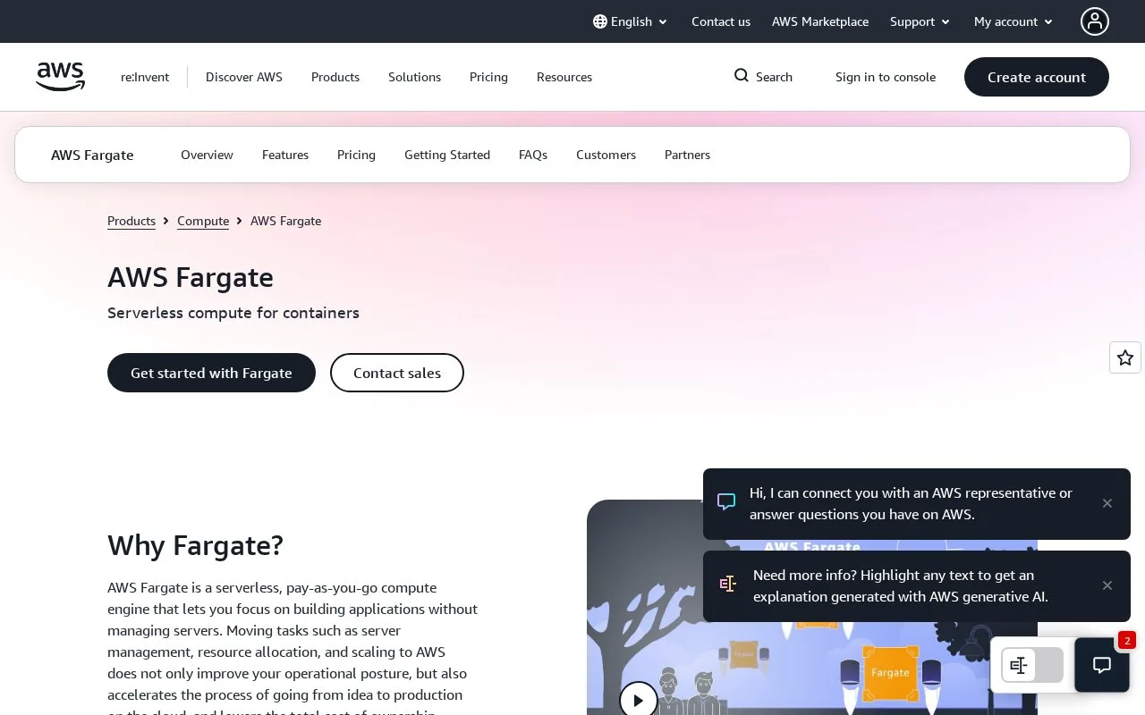 Screenshot of the AWS Fargate homepage