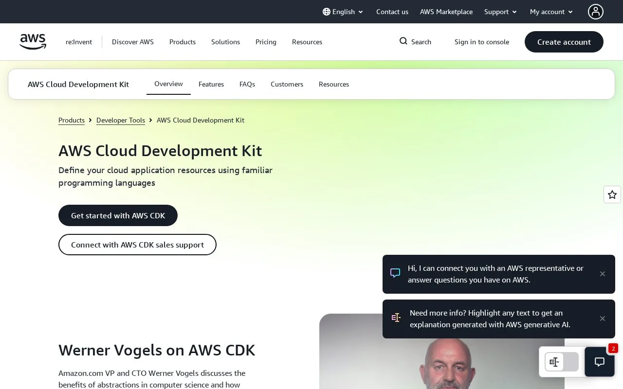 Screenshot of the AWS Cloud Development Kit (AWS CDK) homepage