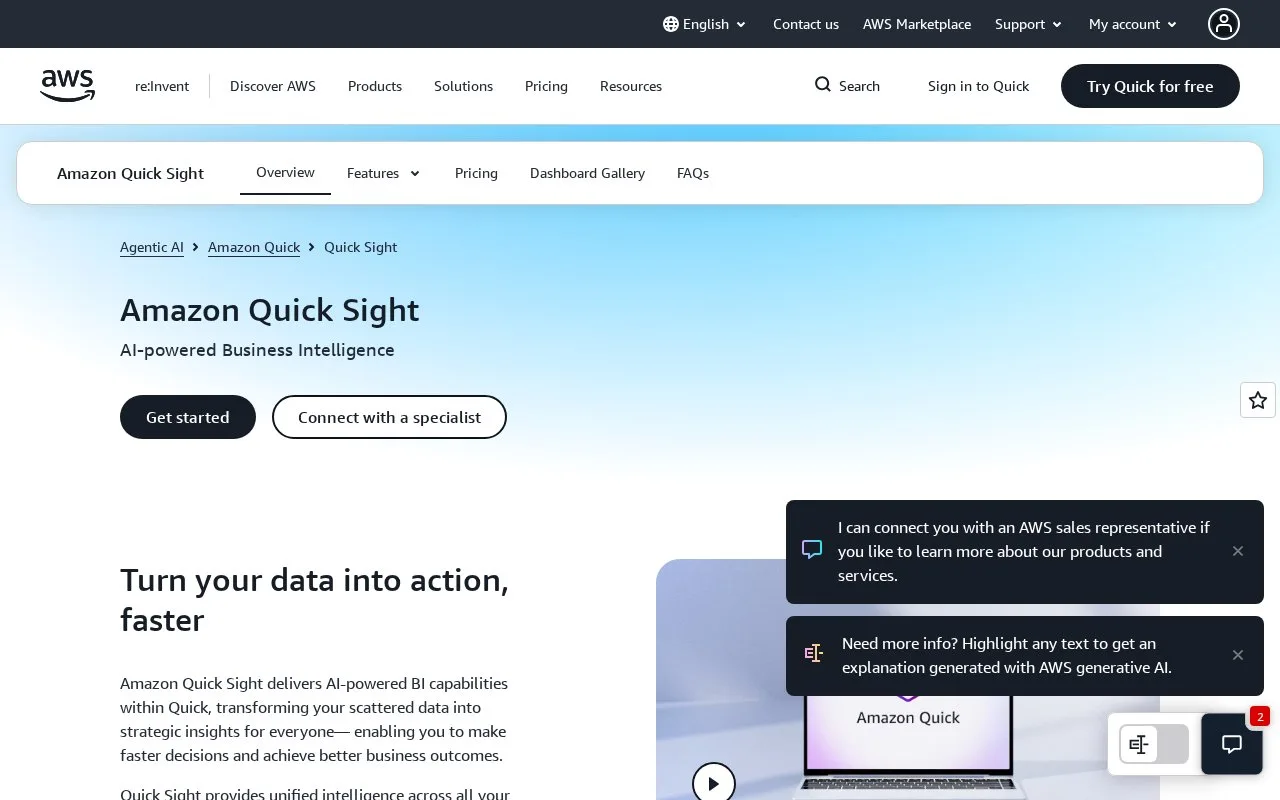 Screenshot of the Amazon Quick Sight homepage