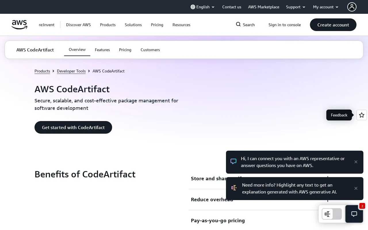Screenshot of the AWS CodeArtifact homepage