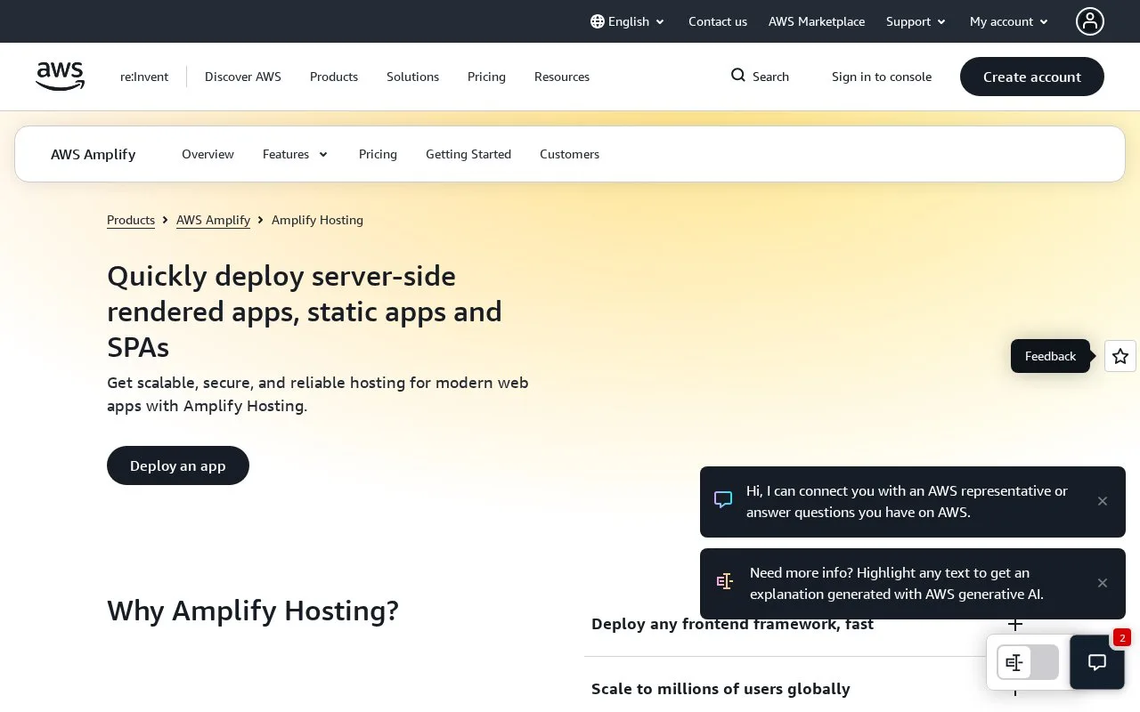 Screenshot of the AWS Amplify Hosting homepage