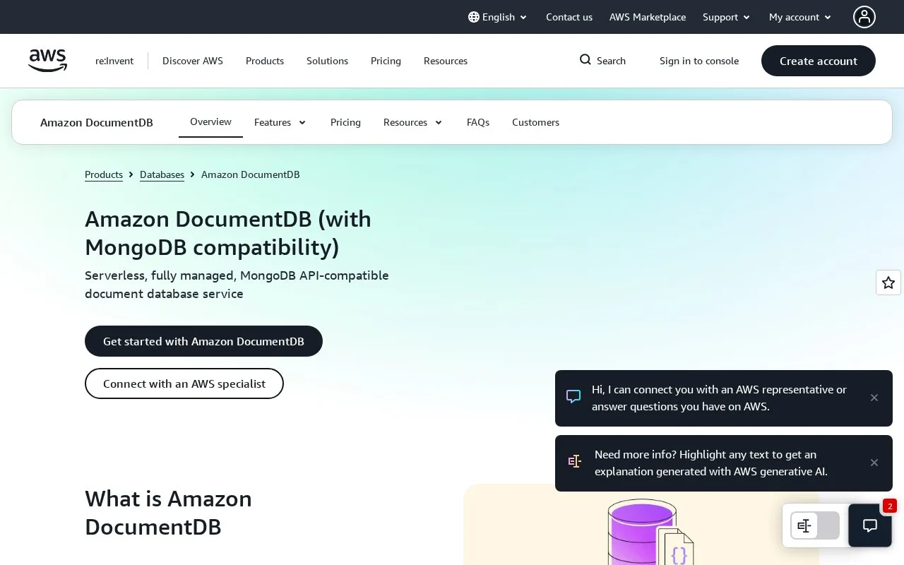 Screenshot of the Amazon DocumentDB homepage