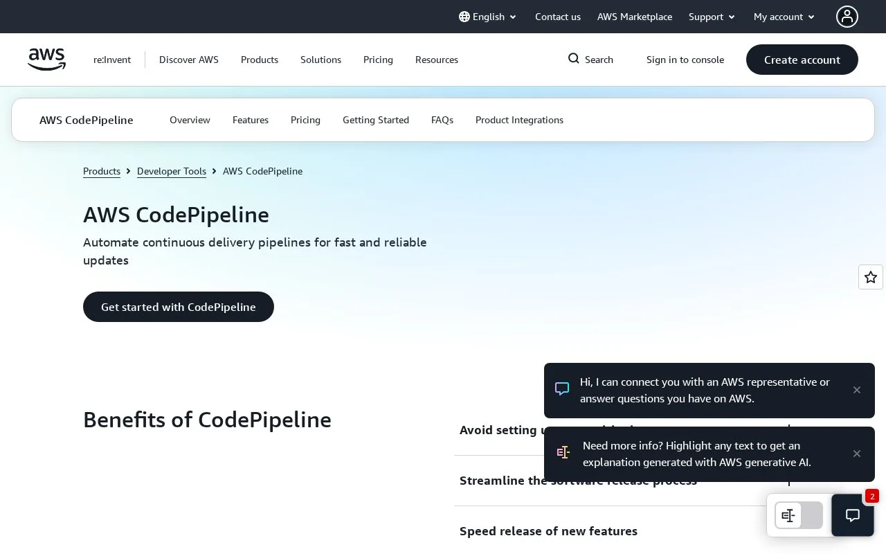 Screenshot of the AWS CodePipeline homepage