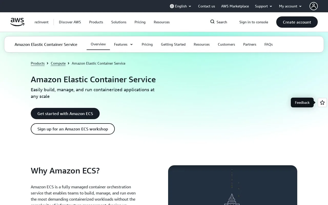 Screenshot of the Amazon Elastic Container Service (Amazon ECS) homepage