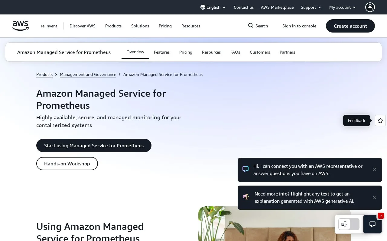 Screenshot of the Amazon Managed Service for Prometheus homepage