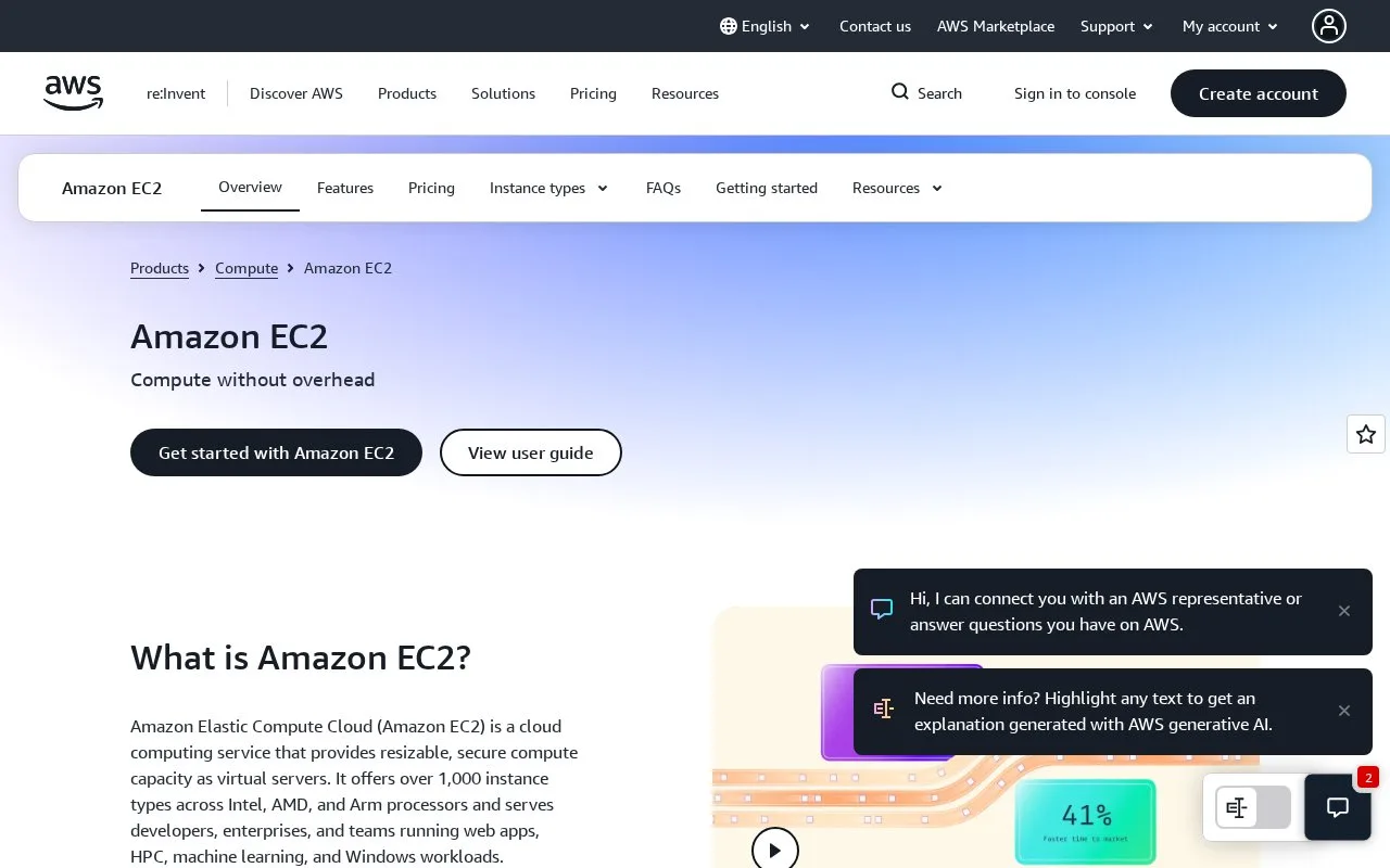 Screenshot of the Amazon EC2 homepage