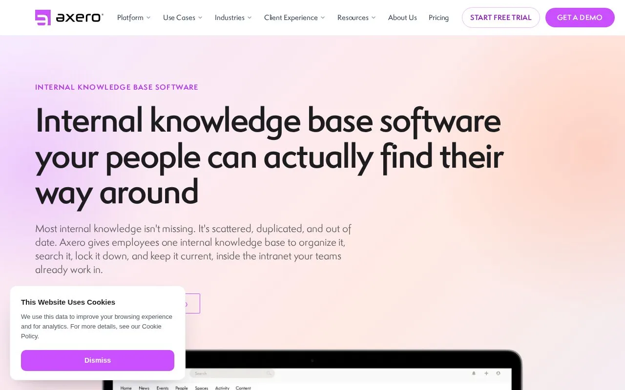 Screenshot of the Axero Knowledge Base homepage