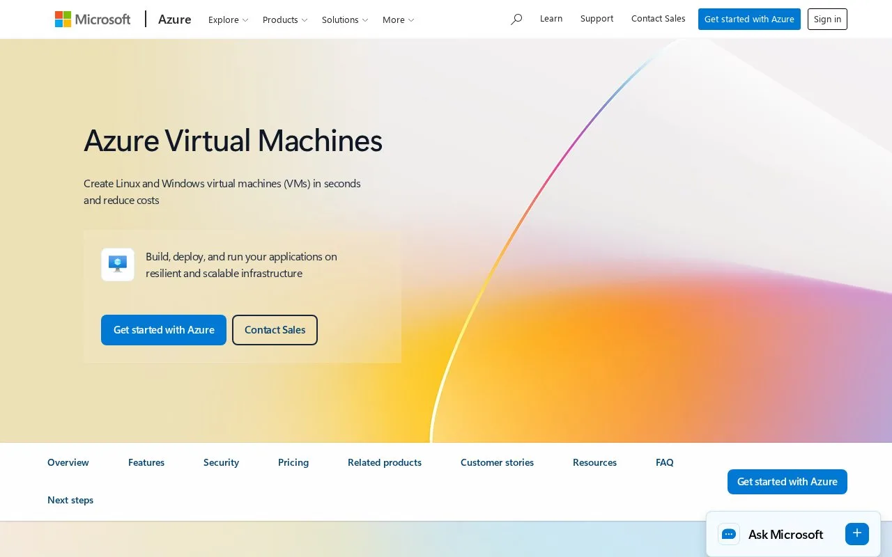 Screenshot of the Azure Virtual Machines homepage