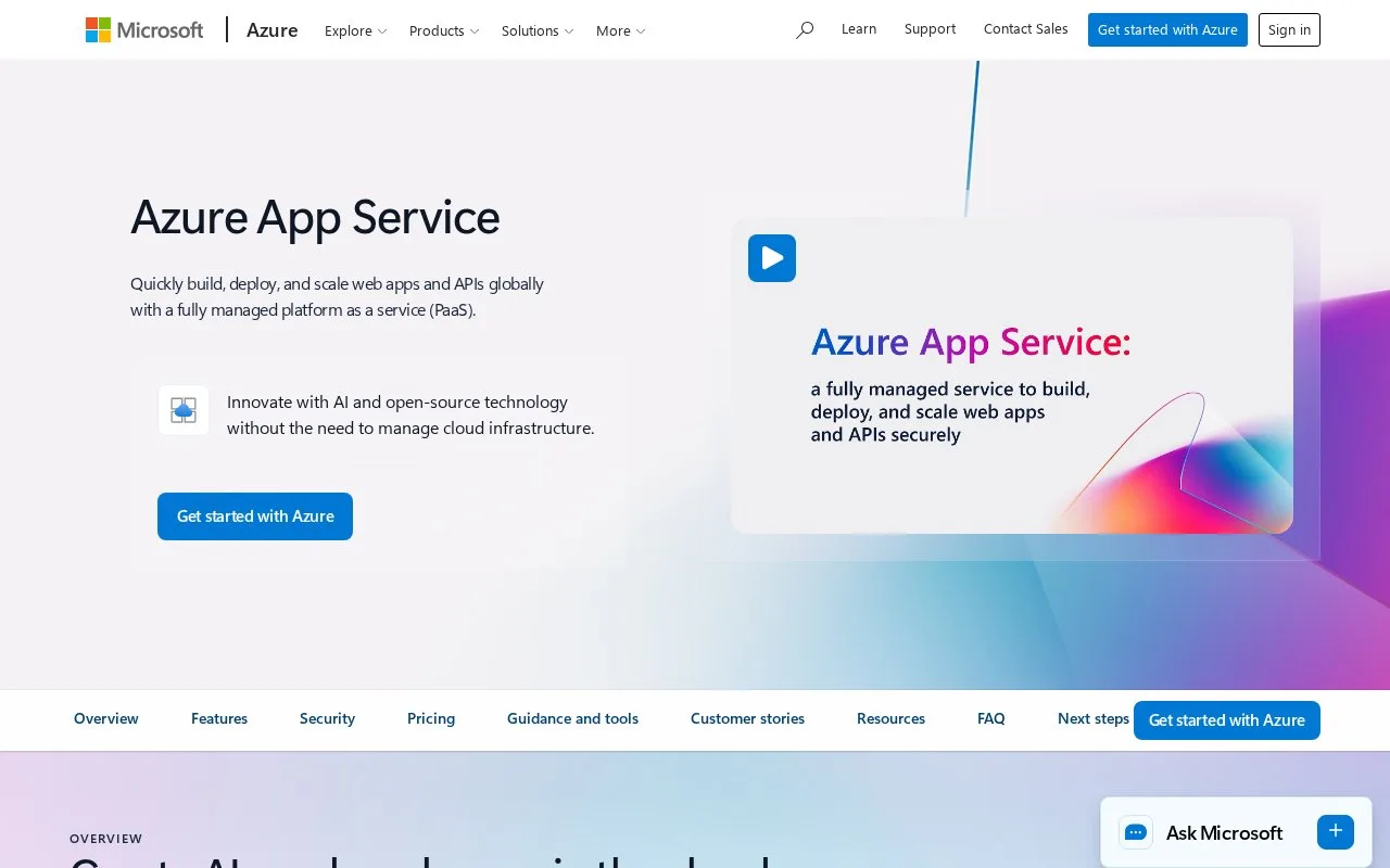 Screenshot of the Azure App Service homepage