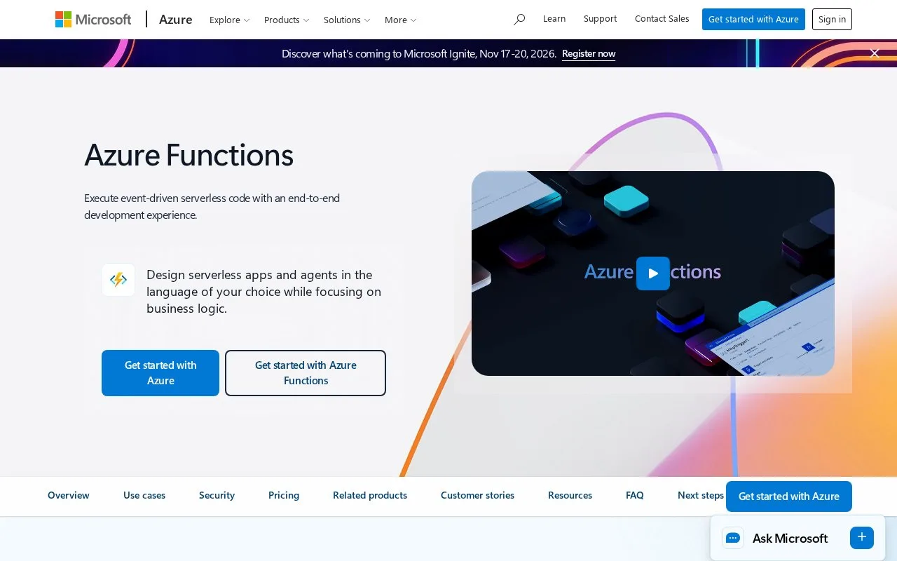 Screenshot of the Azure Functions homepage