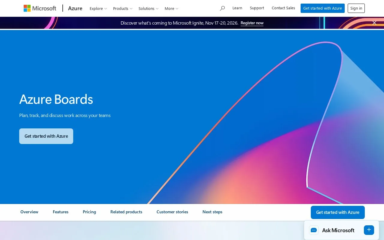 Screenshot of the Azure Boards homepage