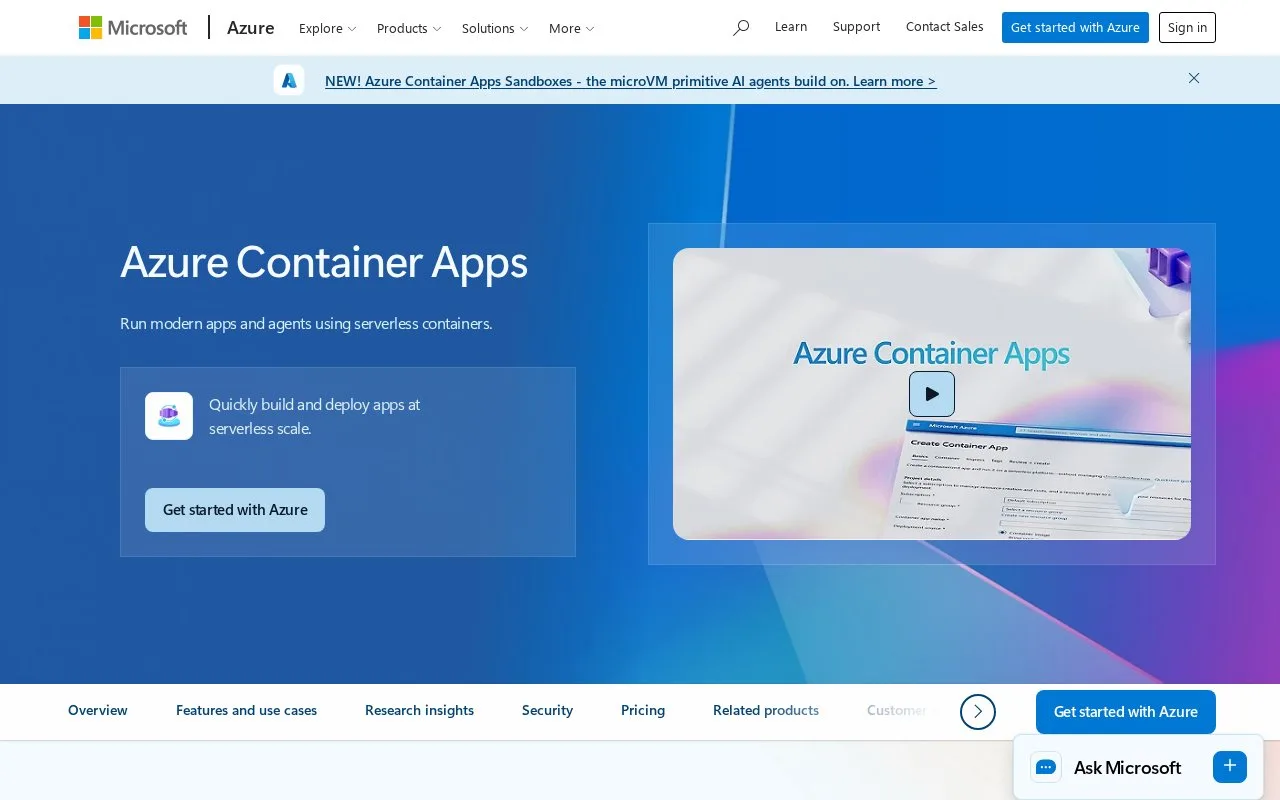 Screenshot of the Azure Container Apps homepage