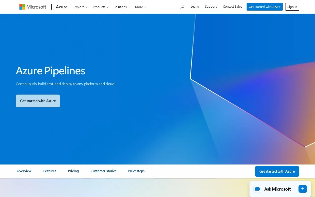 Screenshot of the Azure Pipelines homepage