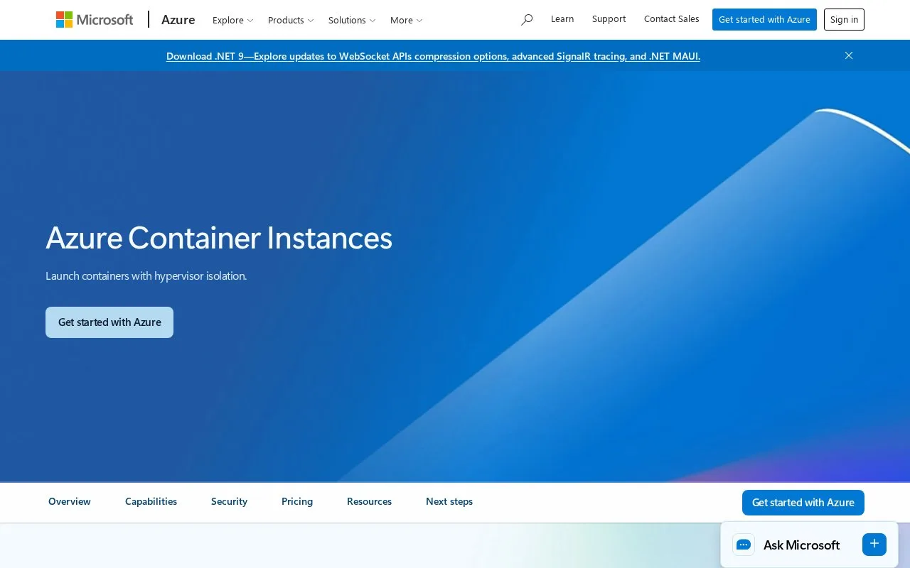 Screenshot of the Azure Container Instances homepage