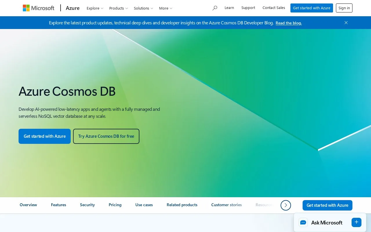 Screenshot of the Azure Cosmos DB for NoSQL homepage