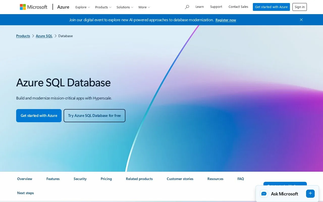 Screenshot of the Azure SQL Database homepage