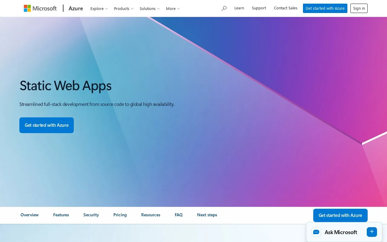 Screenshot of the Azure Static Web Apps homepage