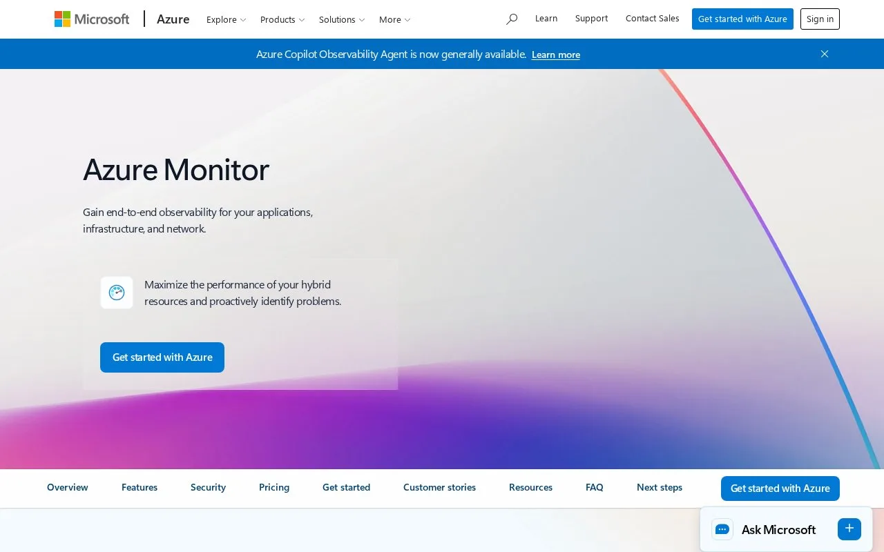 Screenshot of the Azure Monitor homepage