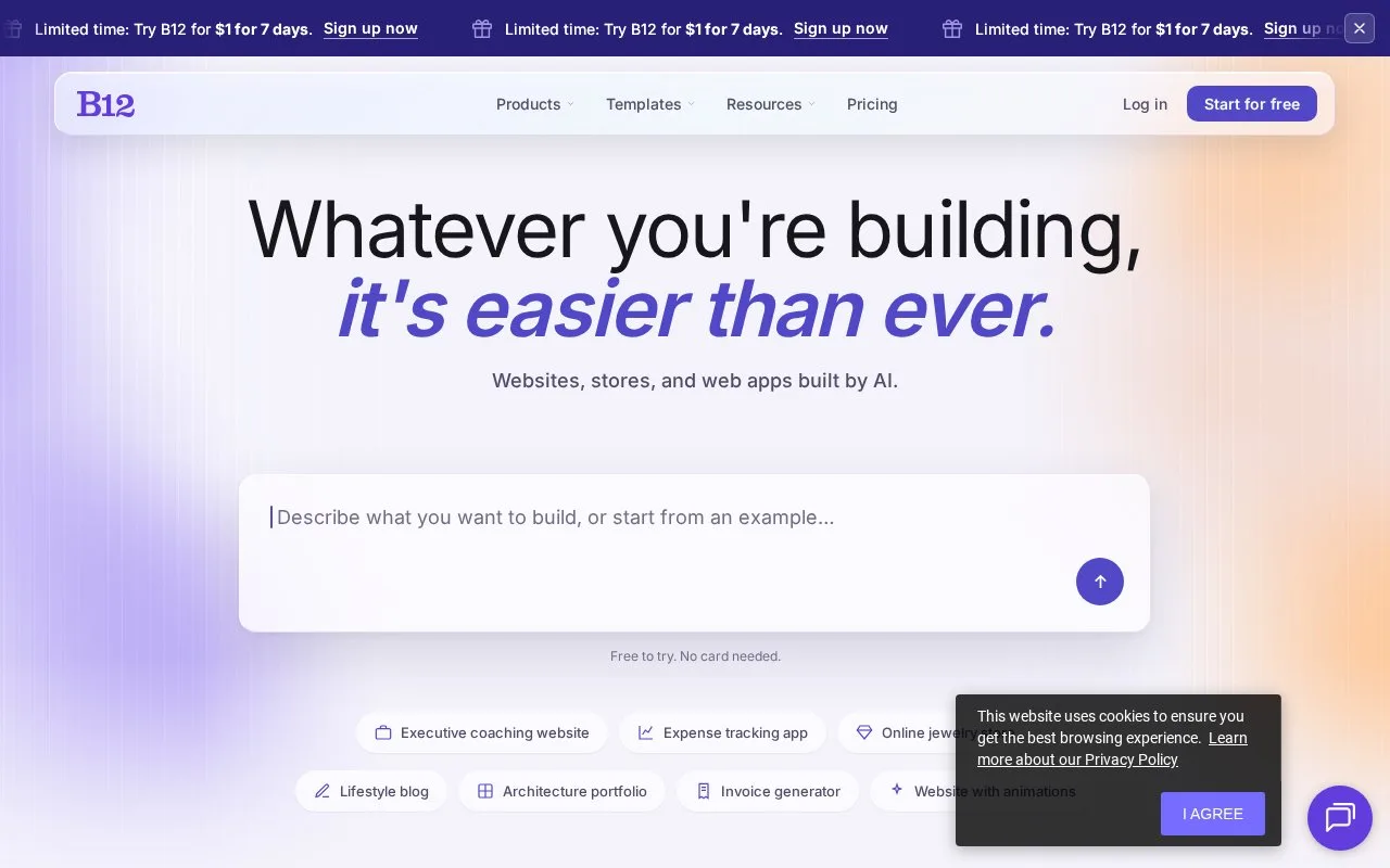 Screenshot of the B12 homepage