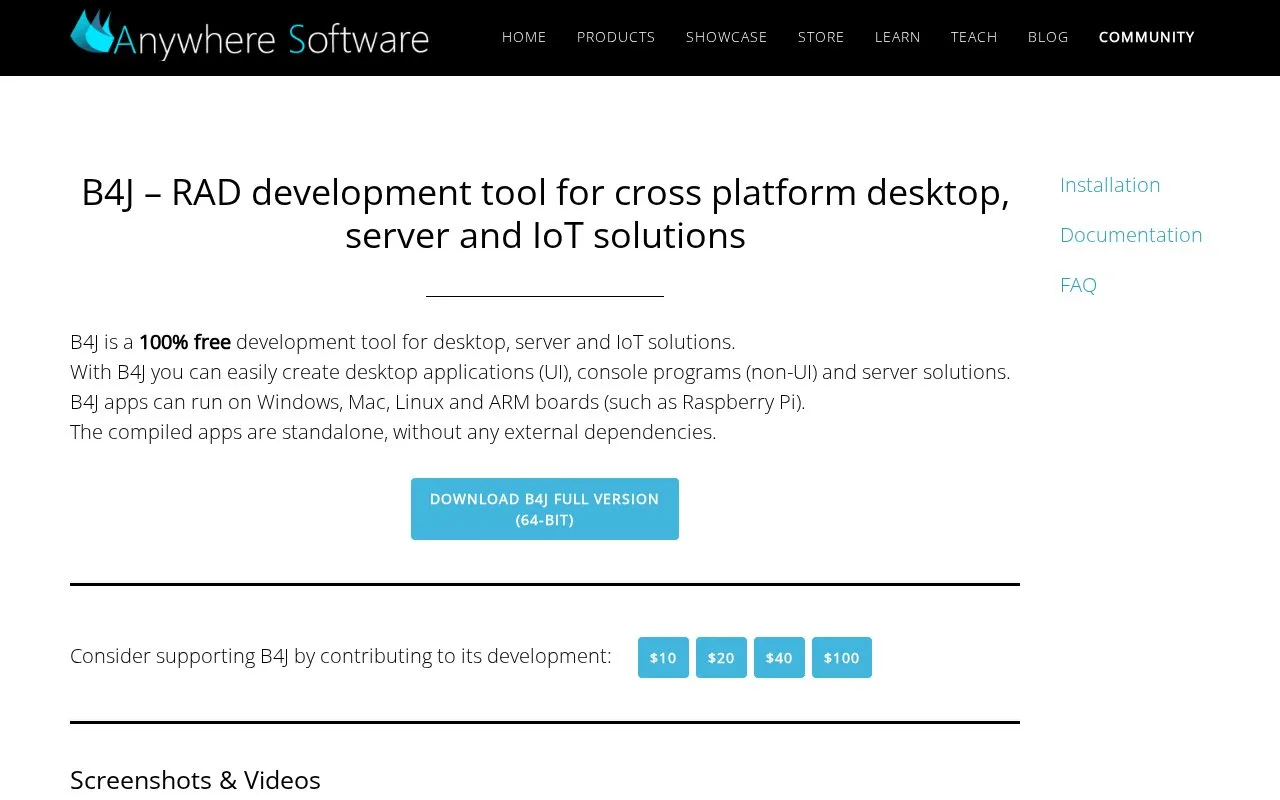 Screenshot of the B4J homepage