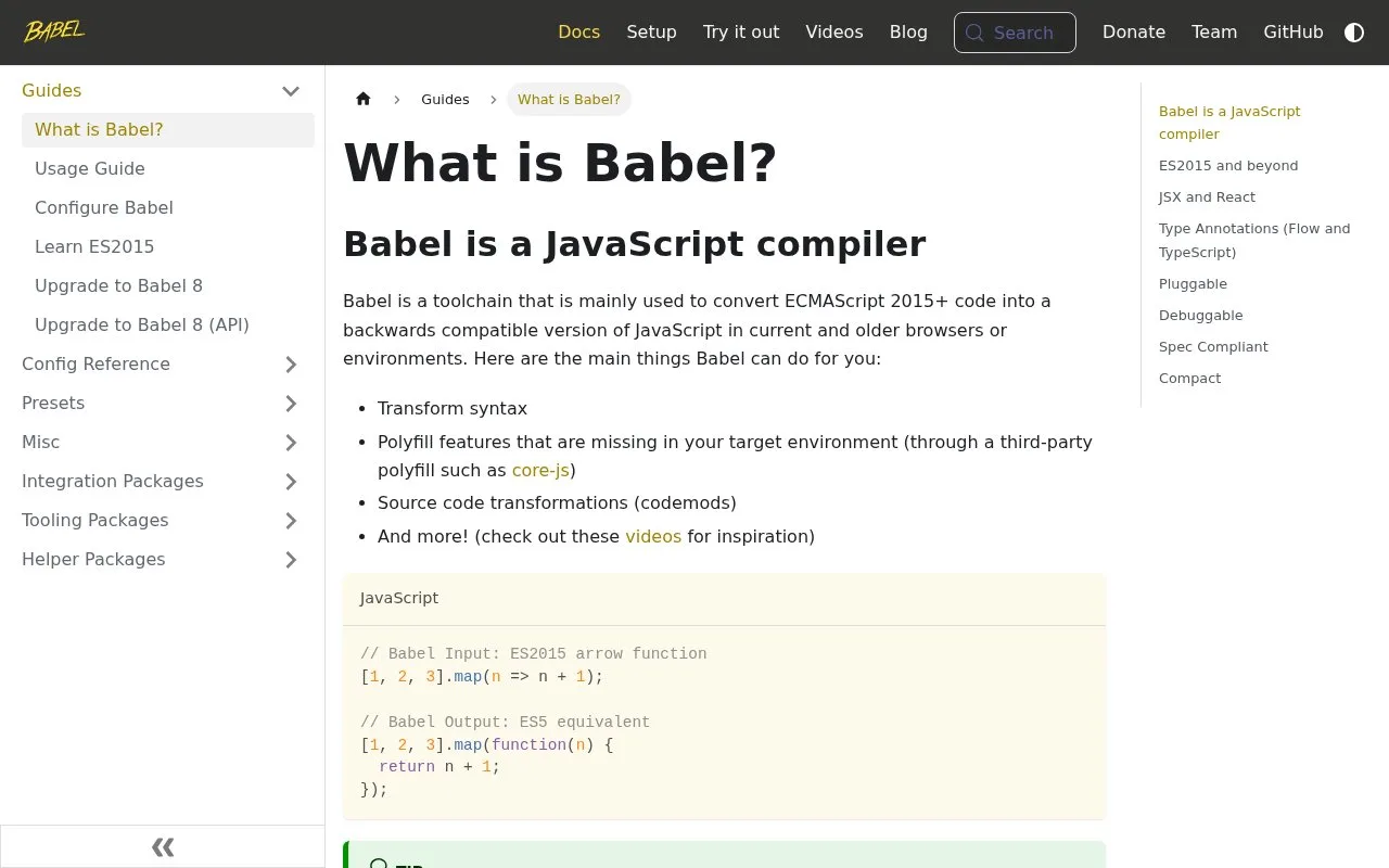 Screenshot of the Babel homepage