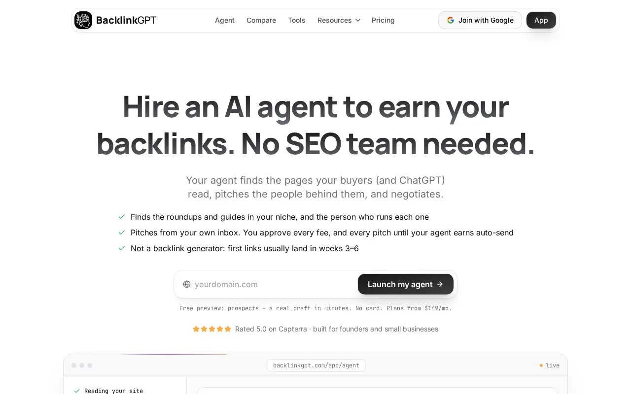 Screenshot of the BacklinkGPT homepage