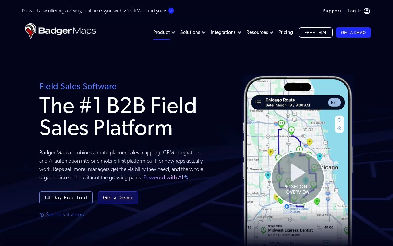 Screenshot of the Badger Maps homepage