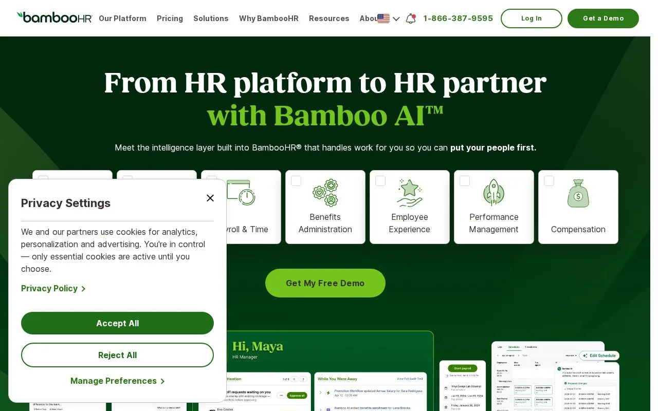 Screenshot of the BambooHR homepage